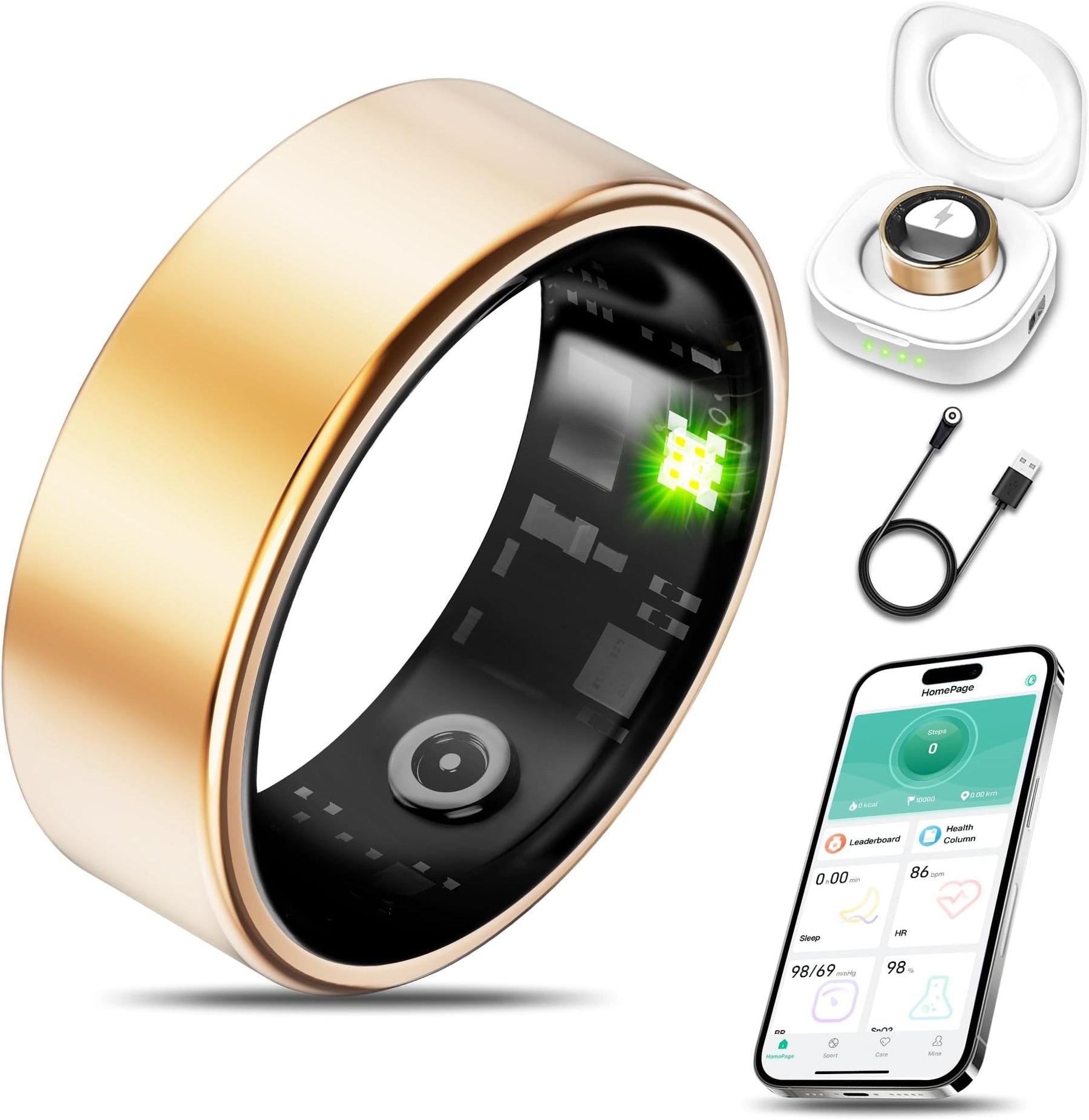 Smart health ring for women and men, fitness tracker with heart rate, blood oxygen, blood pressure, sleep monitoring, step counting function, IP68 waterproof, suitable for iPhone and Android.