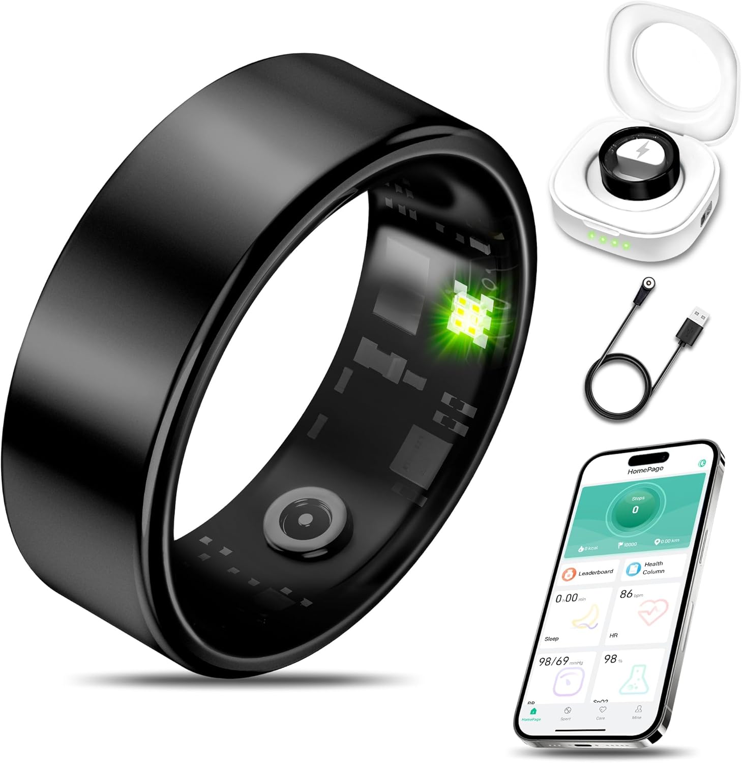 Smart health ring for women and men, fitness tracker with heart rate, blood oxygen, blood pressure, sleep monitoring, step counting function, IP68 waterproof, suitable for iPhone and Android.